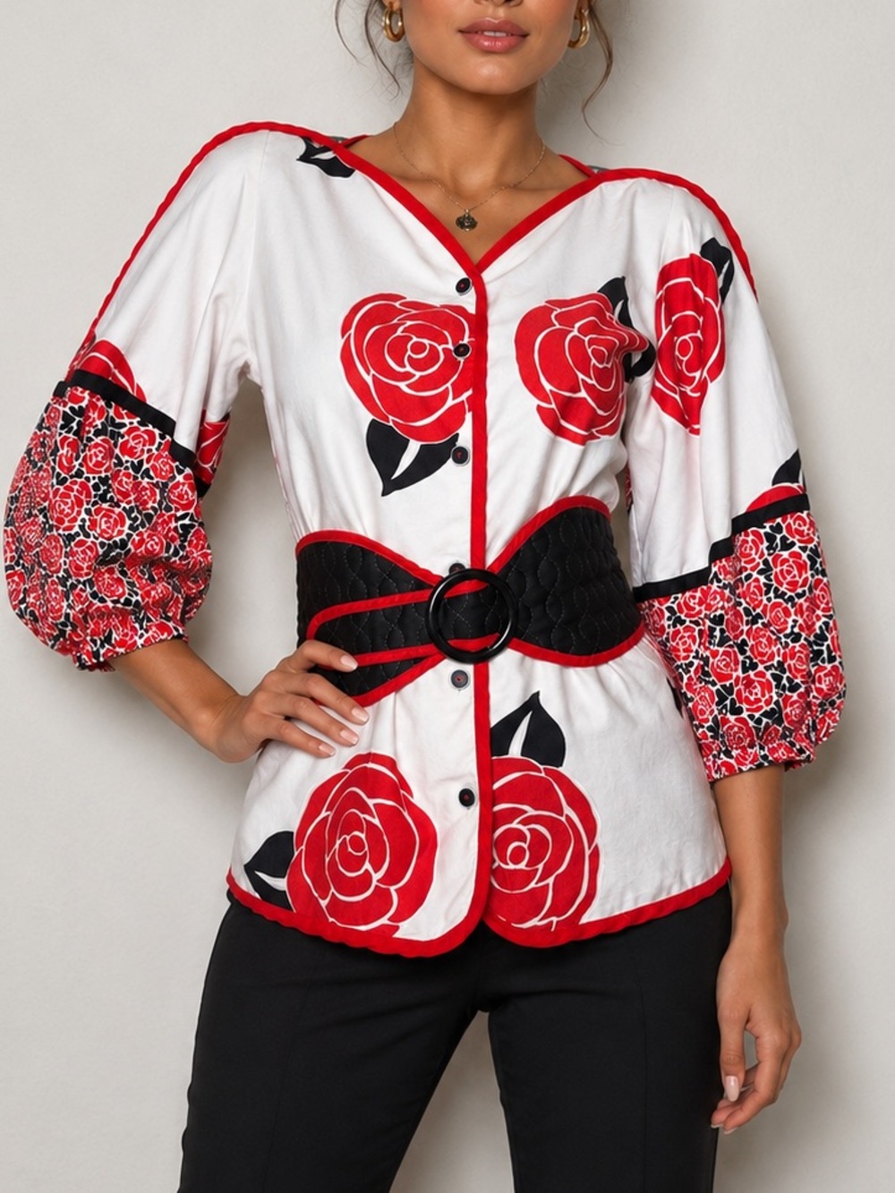 Vintage Jeanne Marc Graphic Rose Print Cotton Blouse w/  Belt Petite 4/6, USA